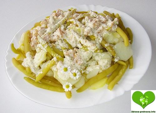Stročji fižol s krompirjem, kislo smetano in ocvirki